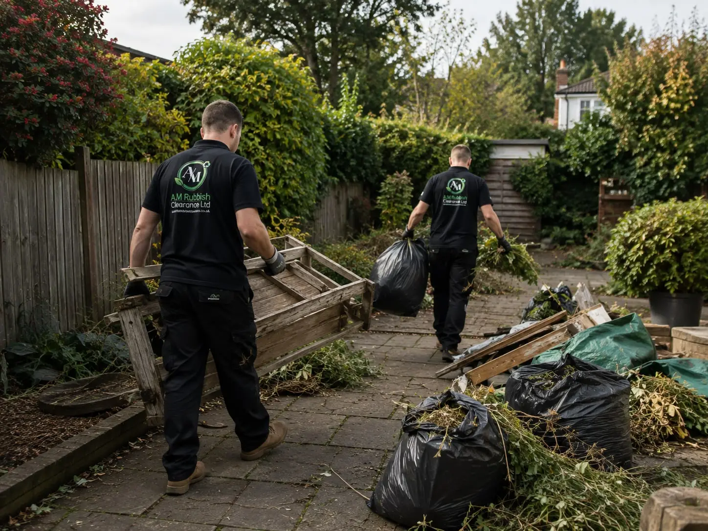 Two clearance workers removing timber, garden waste and bagged debris from a mature British garden.