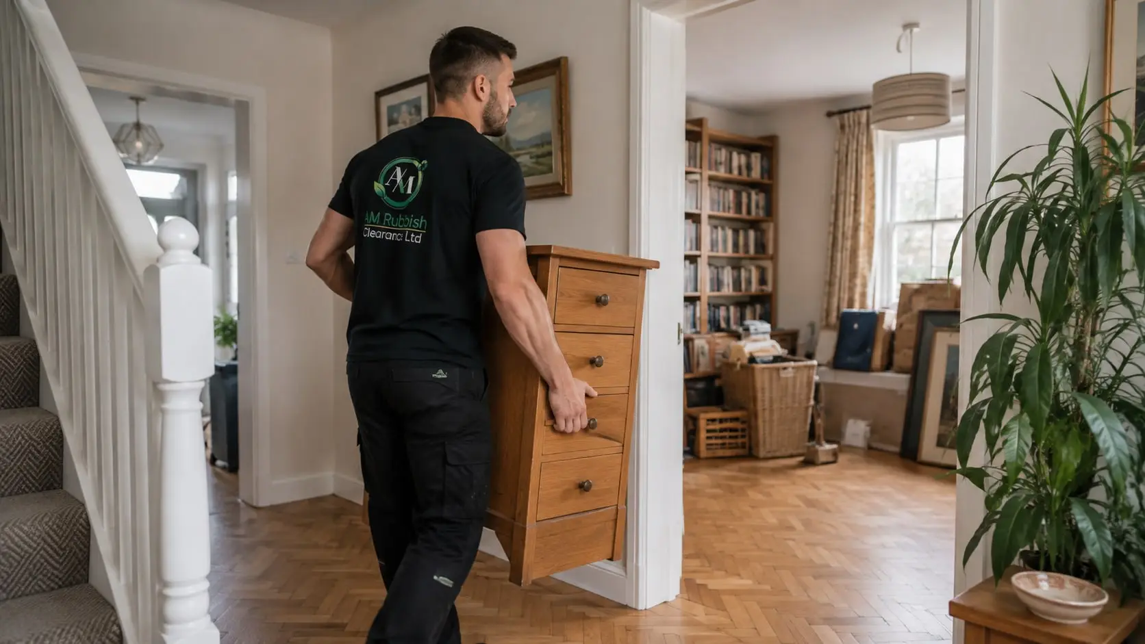 Clearance worker carrying a wooden chest of drawers through a British home during a house clearance.