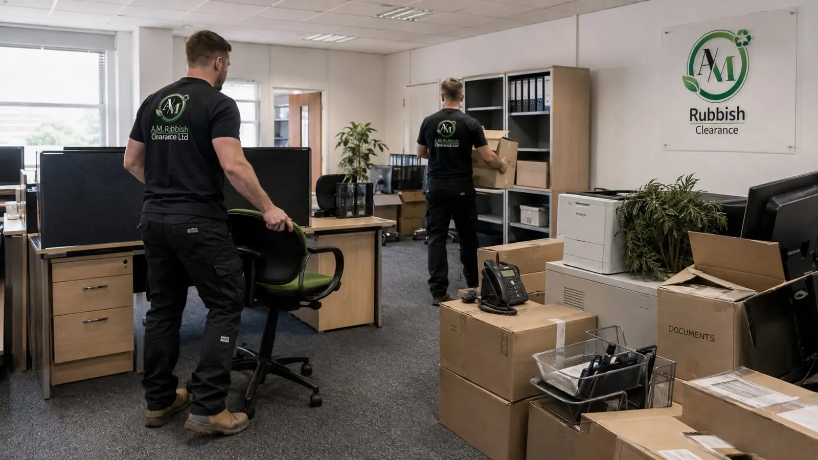 Clearance workers removing office furniture and boxed equipment from a UK office.