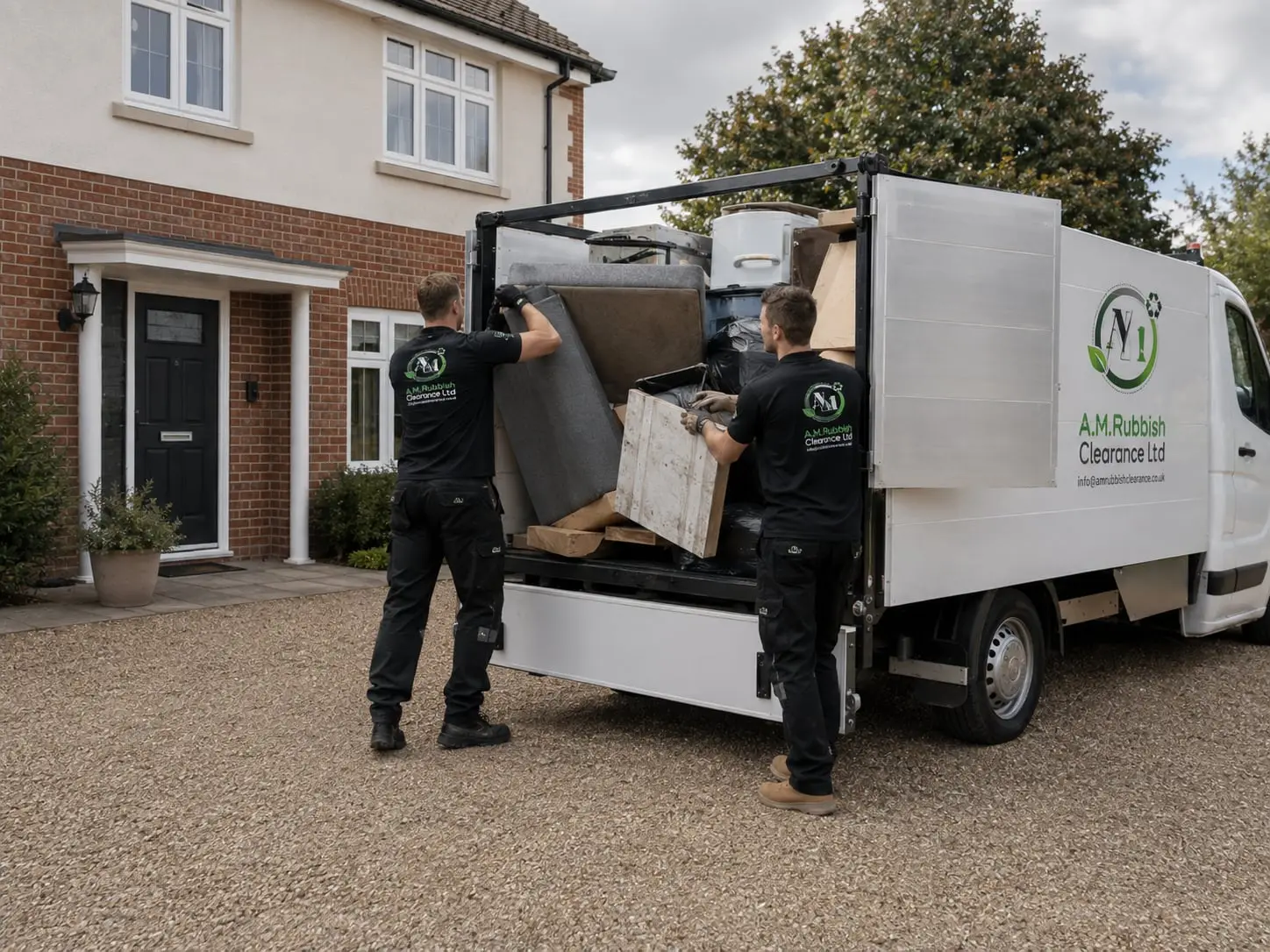Two clearance workers loading bulky household items directly into an AM Rubbish Clearance vehicle.